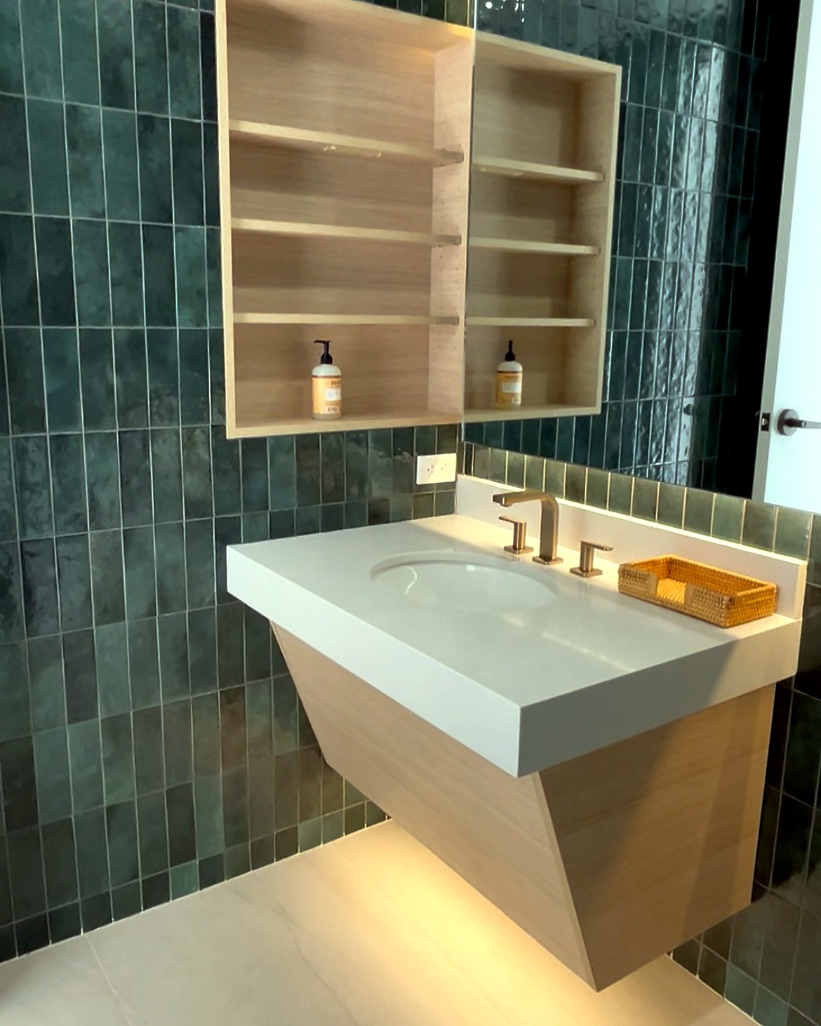 Angled floating oak vanity